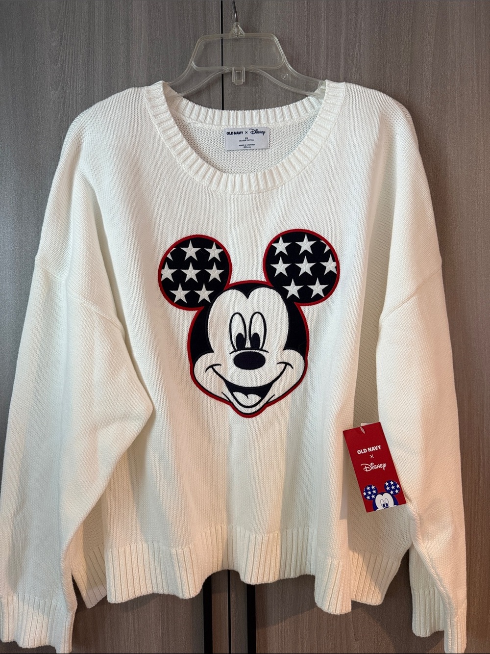 Old Navy Cream Mickey Mouse Crewneck Sweater with Red & Navy Accents